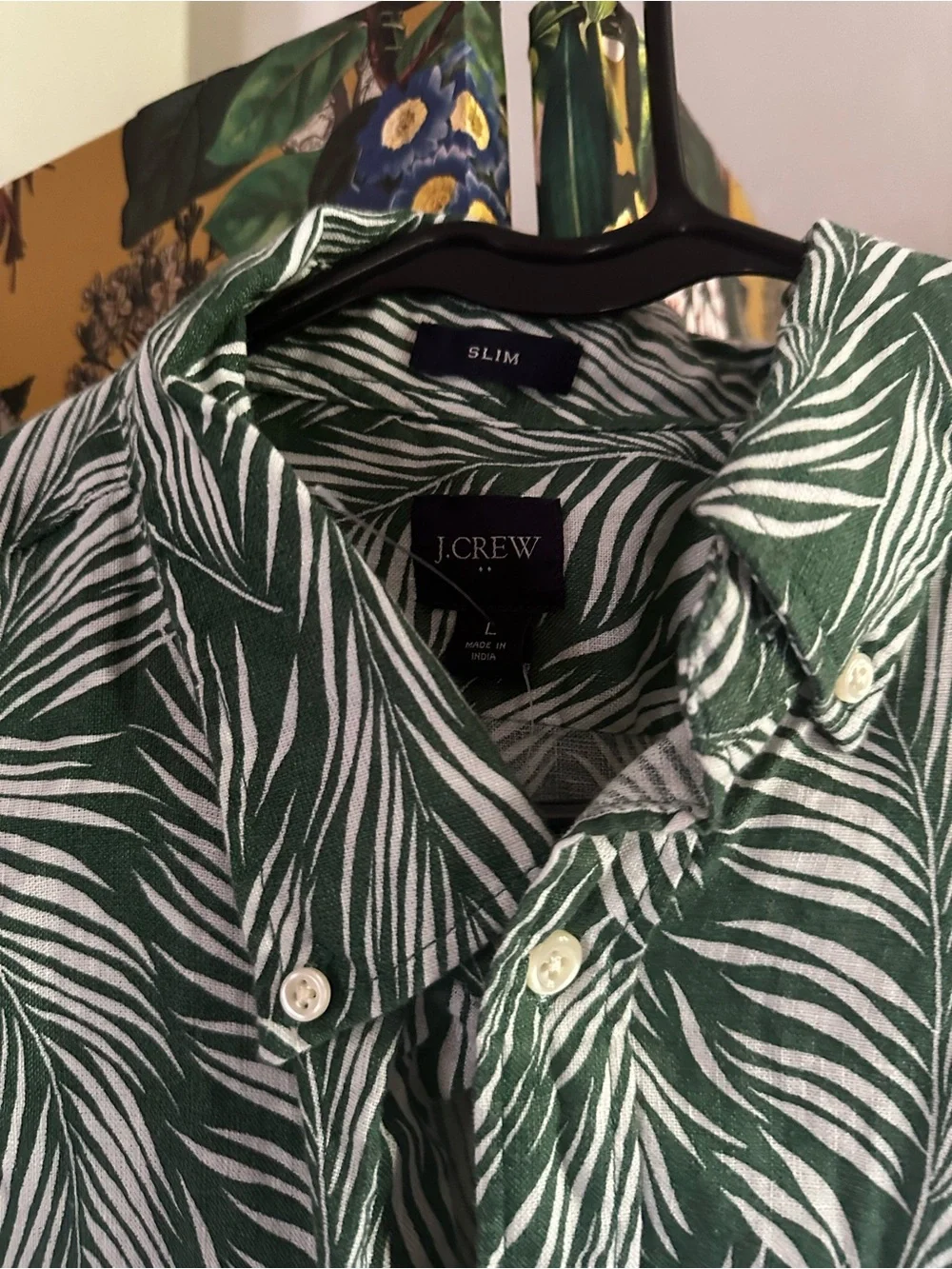J. Crew Men's Green & White Leaf-Print Short-Sleeve Button-Up Shirt Linen Slim L